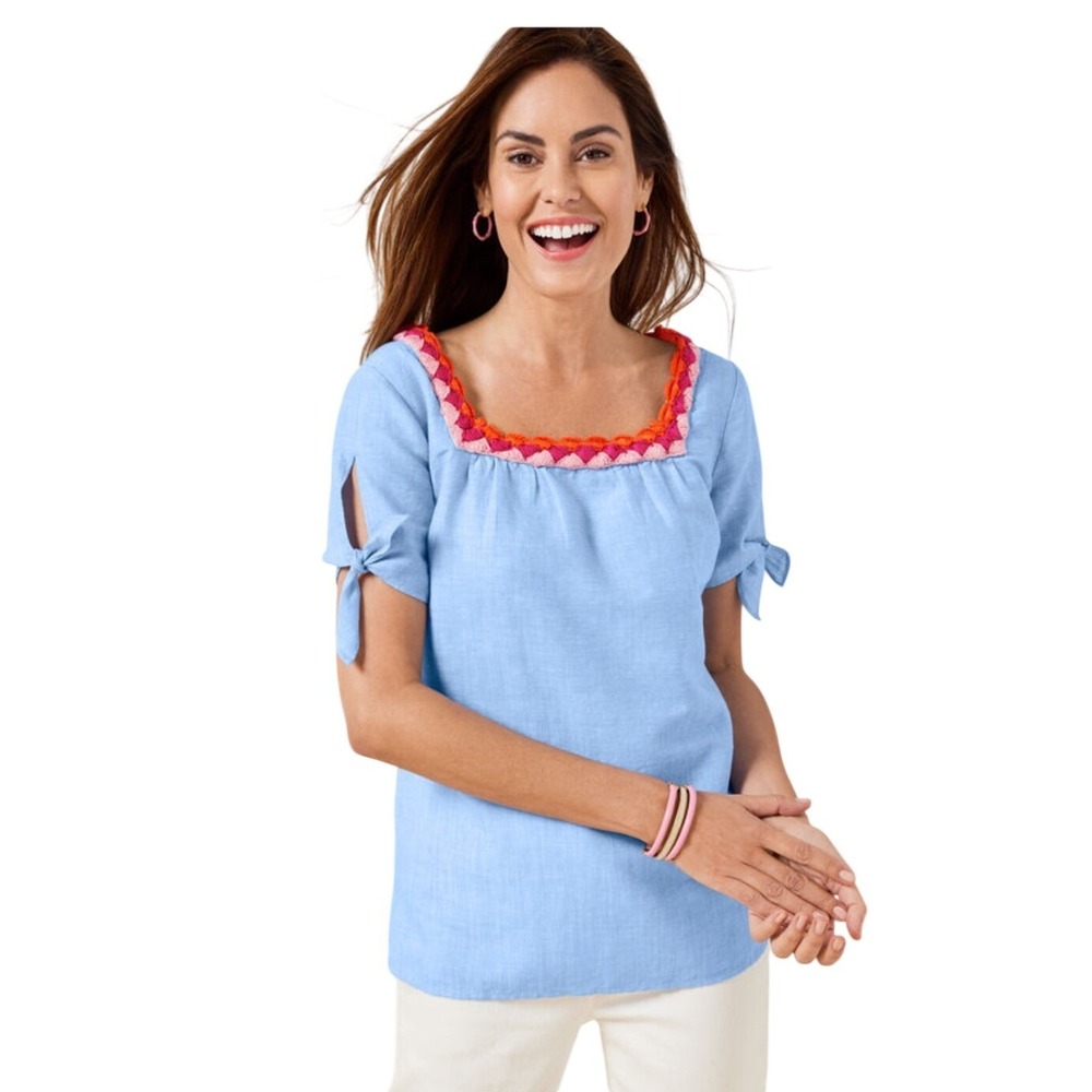Talbots Linen Blouse Blue Crochet Square Neck Split Tie Short Sleeve Top L